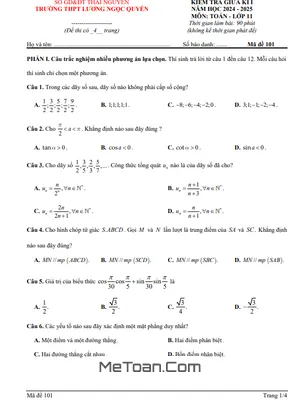 Đề Thi Giữa Kỳ 1 Toán 11 Năm 2024 - 2025 Trường THPT Lương Ngọc Quyến - Thái Nguyên