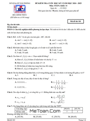 Đề thi học kỳ 1 Toán 11 năm 2024 - 2025 trường THPT chuyên Trần Phú - Hải Phòng