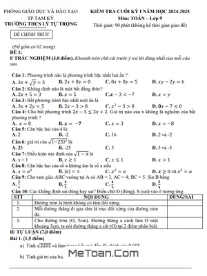 Đề Cuối Kỳ 1 Toán 9 Năm 2024 - 2025 Trường THCS Lý Tự Trọng - Quảng Nam