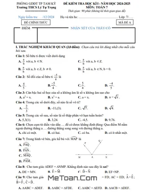 Đề Thi Cuối Kỳ 1 Toán 7 Năm 2024 - 2025 Trường THCS Lý Tự Trọng - Quảng Nam