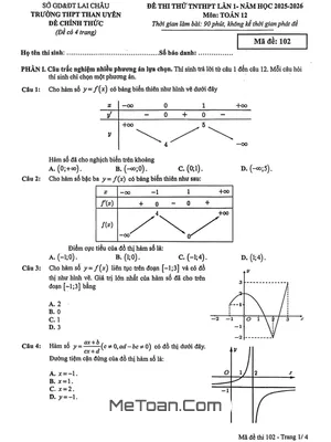 Đề thi thử Tốt nghiệp THPT 2026 môn Toán lần 1 trường THPT Than Uyên, Lai Châu
