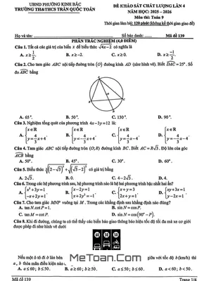 Đề Khảo Sát Toán 9 Lần 4 Năm 2025 – 2026 Trường TH&THCS Trần Quốc Toản – Bắc Ninh