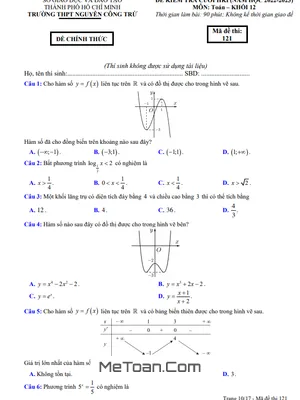 Đề thi HK1 Toán 12 năm 2022 - 2023 trường THPT Nguyễn Công Trứ - TP HCM (có đáp án)