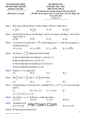 Đề thi HK1 Toán 12 năm 2018 - 2019 trường chuyên Hoàng Văn Thụ - Hòa Bình