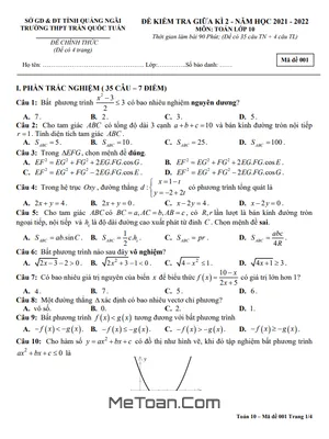 Đề giữa kì 2 Toán 10 năm 2021 - 2022 trường THPT Trần Quốc Tuấn - Quảng Ngãi