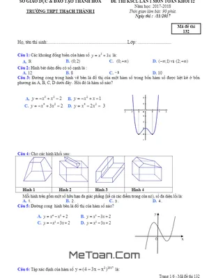 Đề thi KSCL lần 1 môn Toán khối 12 năm học 2017 - 2018 trường THPT Thạch Thành I - Thanh Hóa