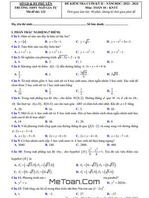 Đề Thi Cuối Kỳ 2 Toán 10 Năm 2023 - 2024 Trường THPT Ngô Gia Tự - Phú Yên