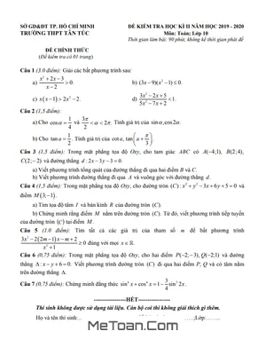Đề thi học kì 2 Toán 10 năm 2019 - 2020 trường THPT Tân Túc - TP.HCM (có đáp án)