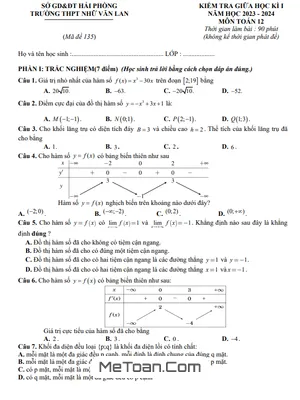 Đề Thi Giữa Kì 1 Toán 12 Năm 2023 - 2024 Trường THPT Nhữ Văn Lan - Hải Phòng