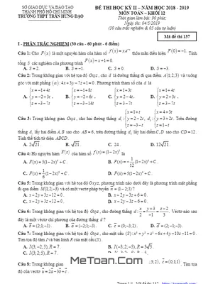 Đề thi HK2 Toán 12 năm 2018 - 2019 trường THPT Trần Hưng Đạo - TP HCM