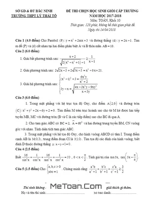 Đề thi HSG Toán 10 năm 2017-2018 trường Lý Thái Tổ - Bắc Ninh (có lời giải)