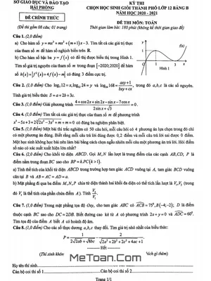 Đề chọn học sinh giỏi Toán 12 năm 2020 - 2021 sở GD&ĐT Hải Phòng (Bảng B)