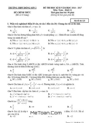 Đề thi HK2 Toán 11 năm 2016 - 2017 trường THPT Đông Sơn 2 - Thanh Hóa