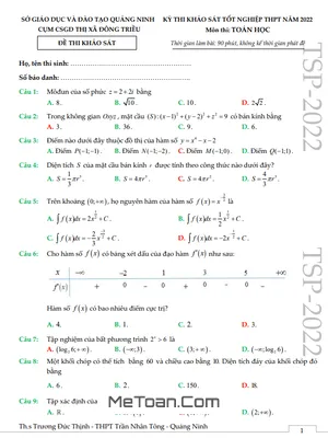 Đề thi thử tốt nghiệp THPT 2022 môn Toán cụm CSGD Đông Triều – Quảng Ninh