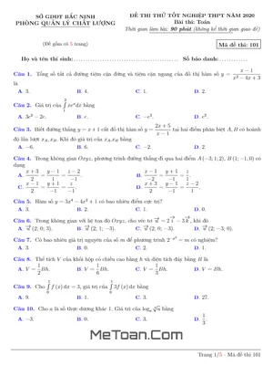 Đề thi thử tốt nghiệp THPT 2020 môn Toán sở GD&ĐT Bắc Ninh