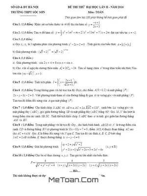 Đề thi thử THPT Quốc gia 2016 môn Toán trường Sóc Sơn – Hà Nội (lần 2) có đáp án
