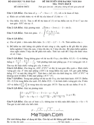 Đề thi và đáp án môn Toán khối B năm 2014 chi tiết, đầy đủ