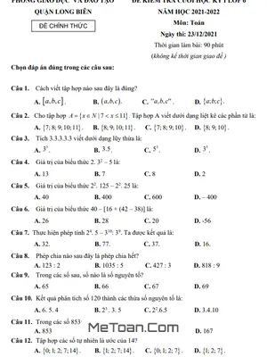 Đề kiểm tra cuối kì 1 Toán lớp 6 năm 2021 - 2022 phòng GD&ĐT Long Biên - Hà Nội