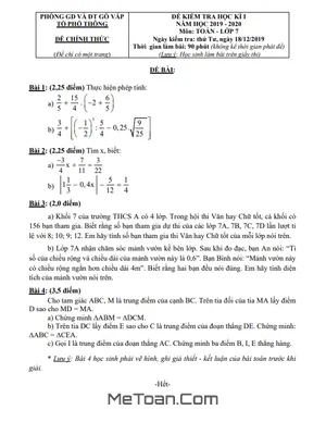 Đề thi học kỳ 1 Toán lớp 7 năm 2019 - 2020 phòng GD&ĐT Gò Vấp - TP HCM