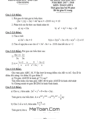 Đề thi HK1 Toán 8 năm 2017 - 2018 phòng GD&ĐT Cẩm Giàng - Hải Dương (có lời giải)