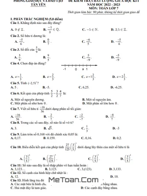 Đề Thi Giữa Học Kì 1 Toán 7 Năm 2022 - 2023 Phòng GD&ĐT Tân Yên - Bắc Giang