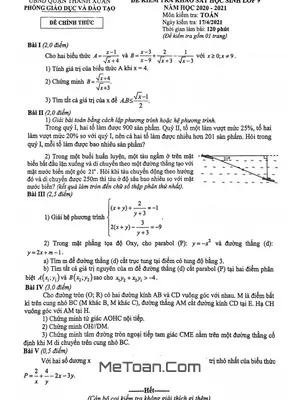 Đề khảo sát Toán 9 năm 2020 - 2021 phòng GD&ĐT Thanh Xuân - Hà Nội
