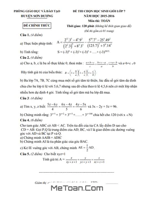 Đề thi học sinh giỏi Toán 7 năm 2015 - 2016 phòng GD&ĐT Sơn Dương - Tuyên Quang
