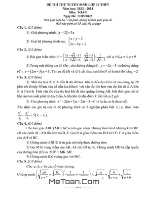 Đề thi thử Toán vào lớp 10 năm 2023 - 2024 phòng GD&ĐT Tứ Kỳ - Hải Dương