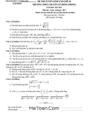 Đề thi vào lớp 10 môn Toán (chung) trường chuyên Lê Hồng Phong - Nam Định năm 2021 - 2022 (Đề 1)
