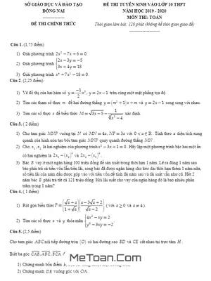 Đề thi tuyển sinh lớp 10 THPT môn Toán năm 2019 - 2020 sở GD&ĐT Đồng Nai