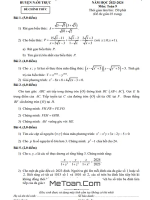 Đề Thi HSG Toán 9 Cấp Huyện Năm 2023 - 2024 Phòng GD&ĐT Nam Trực - Nam Định