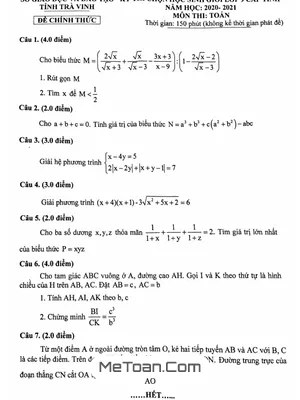 Đề thi HSG Toán 9 năm 2020-2021 Sở GD&ĐT Trà Vinh