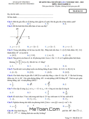 Đề kiểm tra Toán 11 lần 2 năm 2022 – 2023 trường THPT chuyên Vĩnh Phúc