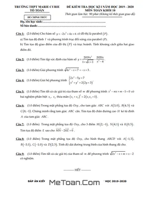 Đề thi HK1 Toán 10 năm 2019 - 2020 trường THPT Marie Curie - TP HCM