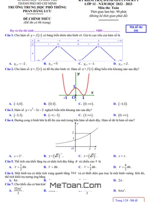 Đề thi học kỳ 1 Toán 12 năm 2022 – 2023 trường THPT Phan Đăng Lưu – TP HCM