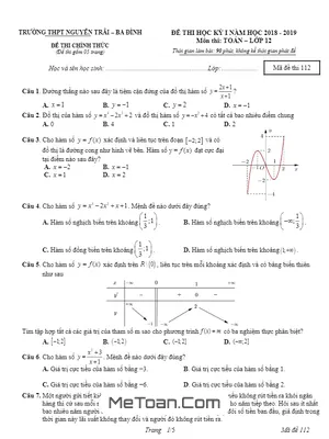 Đề thi học kỳ 1 Toán 12 năm học 2018 - 2019 trường THPT Nguyễn Trãi - Hà Nội