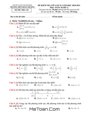 Đề thi giữa kỳ 2 Toán 10 năm 2020 - 2021 trường Đoàn Thượng - Hải Dương