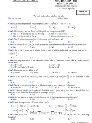 Đề thi chất lượng giữa kỳ 1 môn Toán 11 năm 2017 - 2018 trường THPT Lý Thái Tổ - Bắc Ninh (có đáp án)