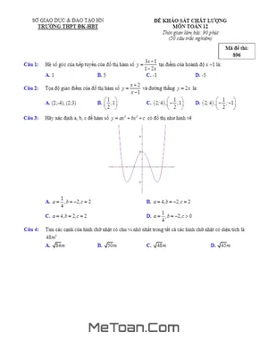 Đề khảo sát chất lượng Toán 12 trường THPT Đoàn Kết - Hai Bà Trưng - Hà Nội (Có đáp án)