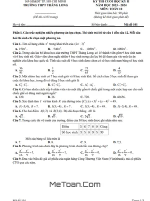 Đề thi học kỳ 2 Toán 10 năm 2023 - 2024 trường THPT Thăng Long - TP HCM