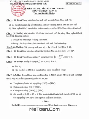 Đề thi học kì 1 Toán 11 năm 2020 - 2021 trường THPT Năng khiếu TDTT Bình Chánh