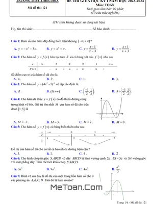 Đề giữa kì 1 Toán 12 năm 2023 - 2024 trường THPT Thiệu Hóa - Thanh Hóa