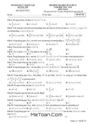 Đề thi HK2 Toán 12 năm học 2018 - 2019 Sở GD&ĐT Quảng Trị