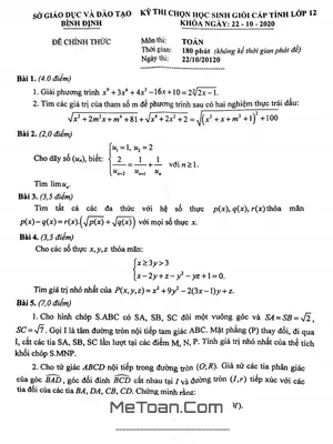 Đề thi chọn học sinh giỏi tỉnh Toán 12 năm 2020 - 2021 Sở GD&ĐT Bình Định