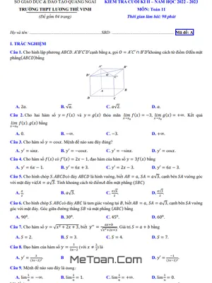 Đề Thi Cuối Kì 2 Môn Toán Lớp 11 Năm 2022 - 2023 Trường THPT Lương Thế Vinh - Quảng Ngãi