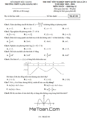 Đề thi thử Toán TN THPT 2024 lần 1 trường THPT Lạng Giang 1 – Bắc Giang