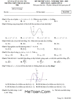 Đề thi thử THPT Quốc gia 2022 môn Toán lần 1 trường THPT Thị xã Quảng Trị