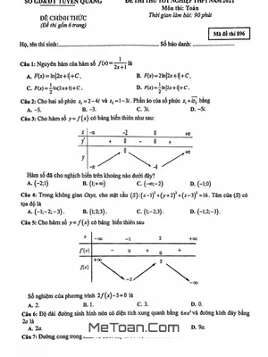 Đề thi thử THPT Quốc gia 2021 môn Toán sở GD&ĐT Tuyên Quang - Mã đề 896