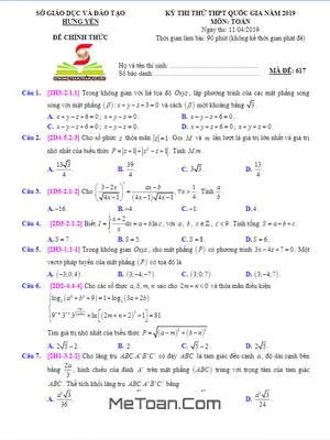 Đề thi thử THPT Quốc gia 2019 môn Toán sở GD&ĐT Hưng Yên
