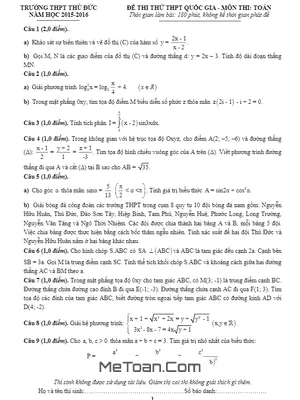 Đề thi thử THPT Quốc gia môn Toán năm 2016 trường THPT Thủ Đức - TP. Hồ Chí Minh